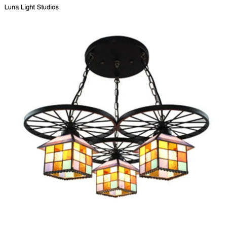 Tiffany Creative Suspension Light: Wheel House Stained Glass Chandelier (3 Lights) - Ideal For