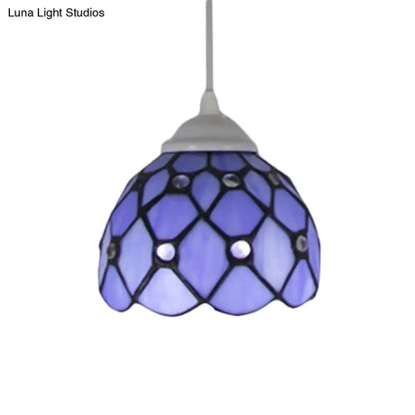 Tiffany Cut Glass Hanging Light Fixture For Bedroom - Beige/Light Blue/Dark Blue