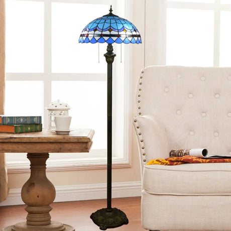 Tiffany Dome Shade Floor Lamp - Handcrafted Glass Pull Chain 2 Bulbs Sky Blue