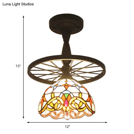 Tiffany Domed Semi Flush Mount Light: Wheel 1 Bulb Stained Glass Ceiling Light (Orange/Beige) For