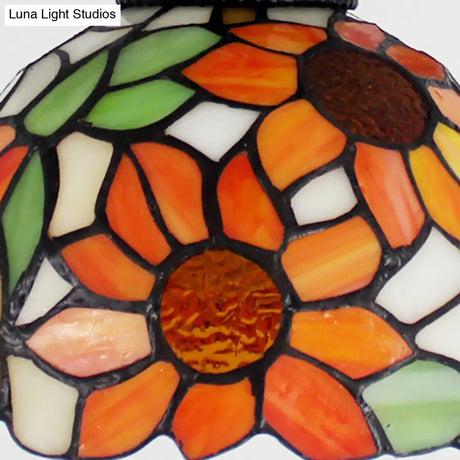 Tiffany Domed Semi Flush Mount Light: Wheel 1 Bulb Stained Glass Ceiling Light (Orange/Beige) For