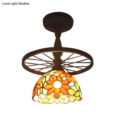 Tiffany Domed Semi Flush Mount Light: Wheel 1 Bulb Stained Glass Ceiling Light (Orange/Beige) For