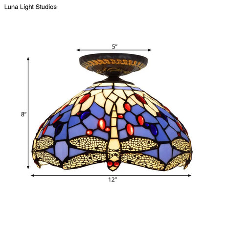 Tiffany Dragonfly Flush Mount Lamp - Stained Glass Close To Ceiling Lighting Fixture In Brass
