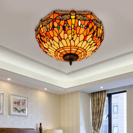 Tiffany Dragonfly Stained Glass Ceiling Lamp - Flush Mount Fixture In Red/Yellow/Orange Perfect For