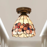 Tiffany Floral Bell Ceiling Light Fixture In Beige/Red - White/Pink For Living Room Pink