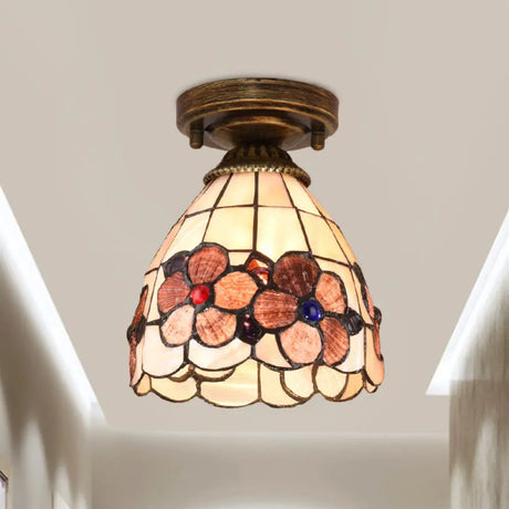 Tiffany Floral Bell Ceiling Light Fixture In Beige/Red - White/Pink For Living Room Pink