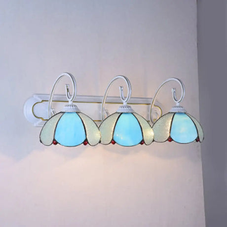 Tiffany Glass Flower Wall Sconce: 3-Headed Light With Scrolling Arm - White/Clear/Blue Blue