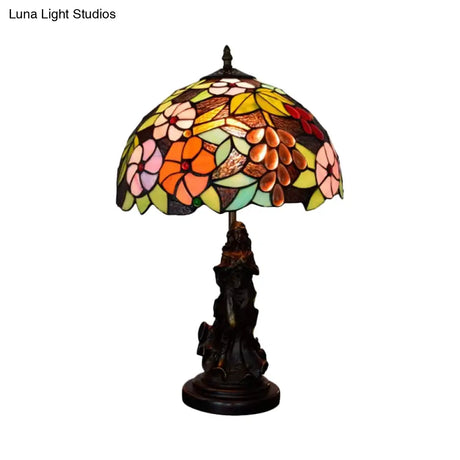 Tiffany Glass Grapes Table Lamp - Baroque Style Brown/Green/White-Brown Night Stand Light With Girl