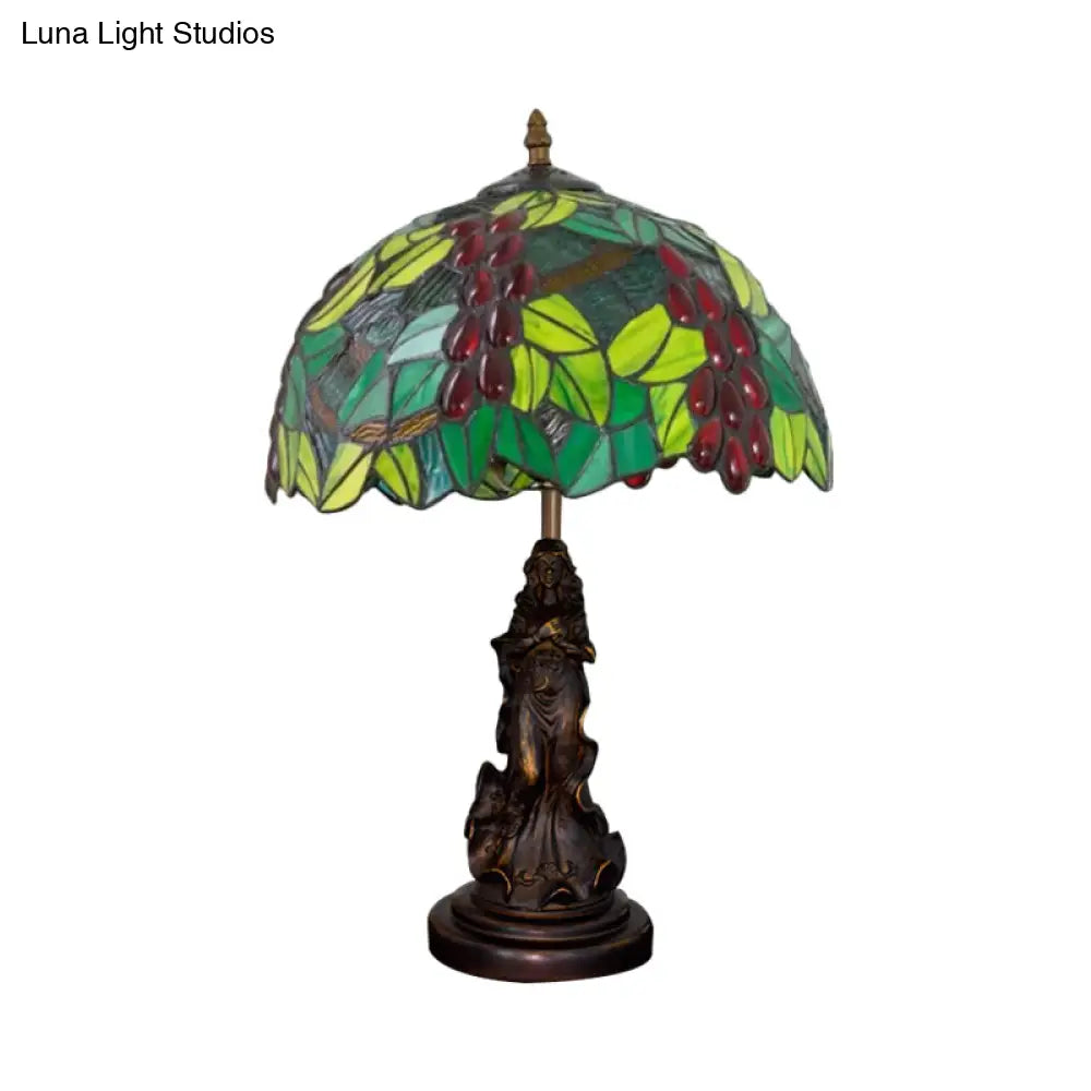 Tiffany Glass Grapes Table Lamp - Baroque Style Brown/Green/White-Brown Night Stand Light With Girl