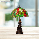 Tiffany Glass Grapes Table Lamp - Baroque Style Brown/Green/White-Brown Night Stand Light With Girl