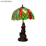 Tiffany Glass Grapes Table Lamp - Baroque Style Brown/Green/White-Brown Night Stand Light With Girl