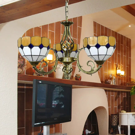 Tiffany Glass Lattice Bowl Pendant Lamp: Vibrant Yellow & Green Shades Perfect For Dining Room - 3