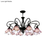 Tiffany Glass Petal Chandelier Light Fixture - 5/8 Lights With Black Ceiling Pendant For Bedroom In