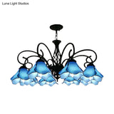 Tiffany Glass Petal Chandelier Light Fixture - 5/8 Lights With Black Ceiling Pendant For Bedroom In