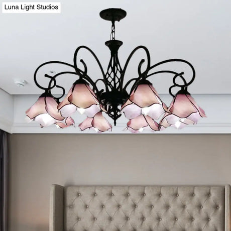 Tiffany Glass Petal Chandelier Light Fixture - 5/8 Lights With Black Ceiling Pendant For Bedroom In