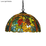 Tiffany Green Cut Glass Chandelier With Grape Pattern Pendant - 2 Bulbs Included