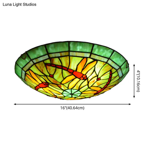 Tiffany Green Handcrafted Art Glass Flushmount Ceiling Light For Bowl Flush-Mount Lamp