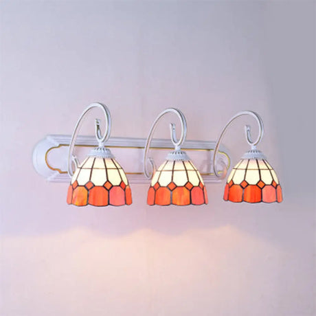 Tiffany Grid Patterned Glass Sconce Light With Curved Arm - 3 Heads Orange/Green/Blue Orange
