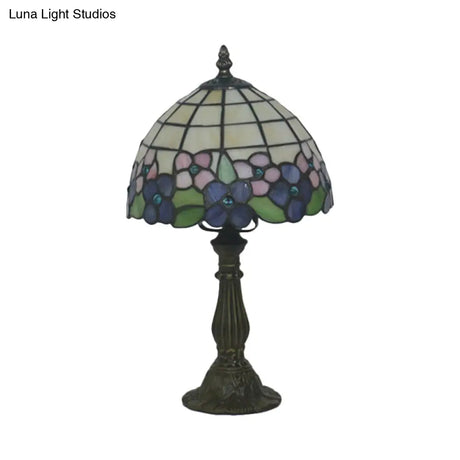 Tiffany Hand-Cut Glass Bowl Night Light - Flower Patterned Table Lamp In Red/Yellow/Purple For