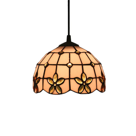 Tiffany Lattice Bowl White Glass Jeweled Flower Pendant Light Kit For Dining Room Yellow / 8’