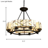 Tiffany Lodge Pendant Light - Stained Glass Drum Chandelier With Leaf Accent Adjustable Hanging In