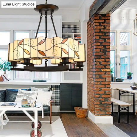 Tiffany Lodge Pendant Light - Stained Glass Drum Chandelier With Leaf Accent Adjustable Hanging In