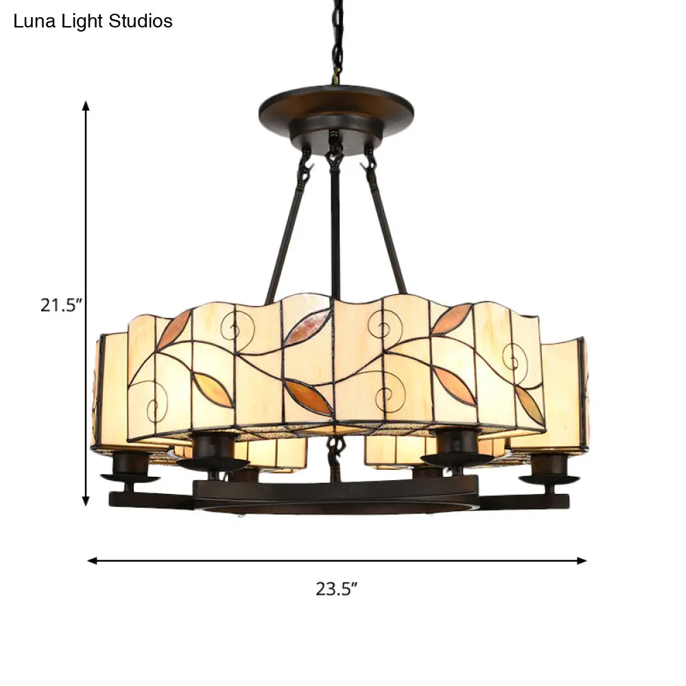 Tiffany Lodge Pendant Light - Stained Glass Drum Chandelier With Leaf Accent Adjustable Hanging In