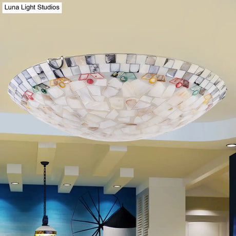 Tiffany Mosaic Glass Flush Mount Lamp - Beige Bowl Ceiling Light For Bedroom