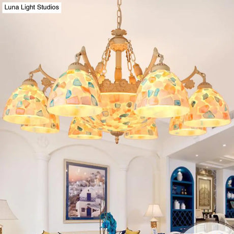 Tiffany Mosaic Pendant Chandelier - 9/11 Lights Shell Hanging Ceiling Light Beige Living Room