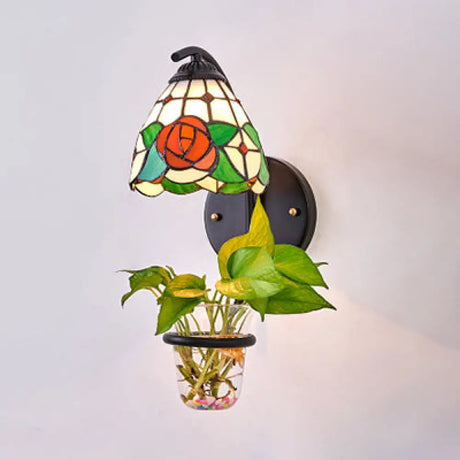 Tiffany Multicolor Stained Glass Dome Sconce Light Fixture - 1 Head Red/Orange-Yellow/Blue Wall