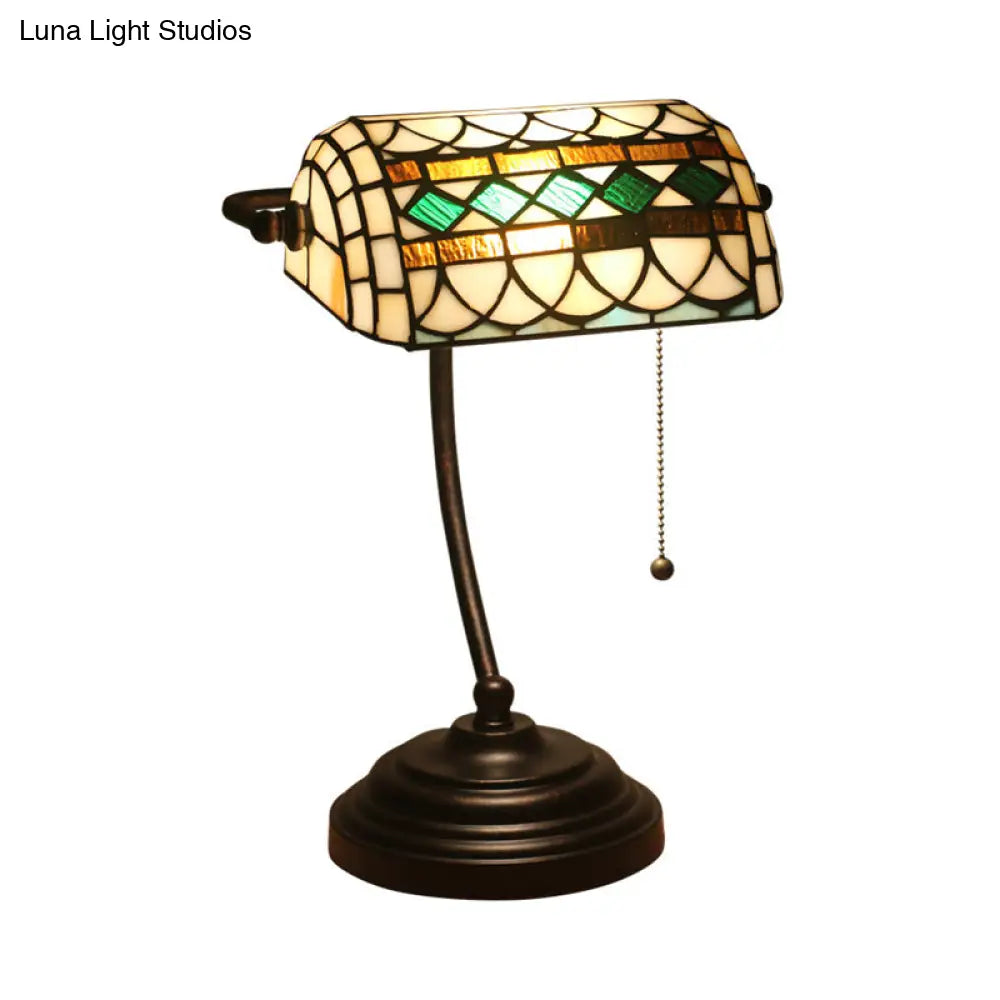 Tiffany Rhombus Patterned Desk Lamp With Cut Glass Pull Chain In Brown/Blue/Green/White