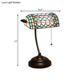 Tiffany Rhombus Patterned Desk Lamp With Cut Glass Pull Chain In Brown/Blue/Green/White