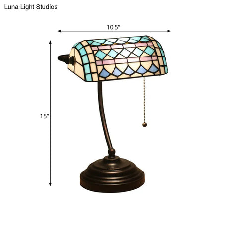 Tiffany Rhombus Patterned Desk Lamp With Cut Glass Pull Chain In Brown/Blue/Green/White