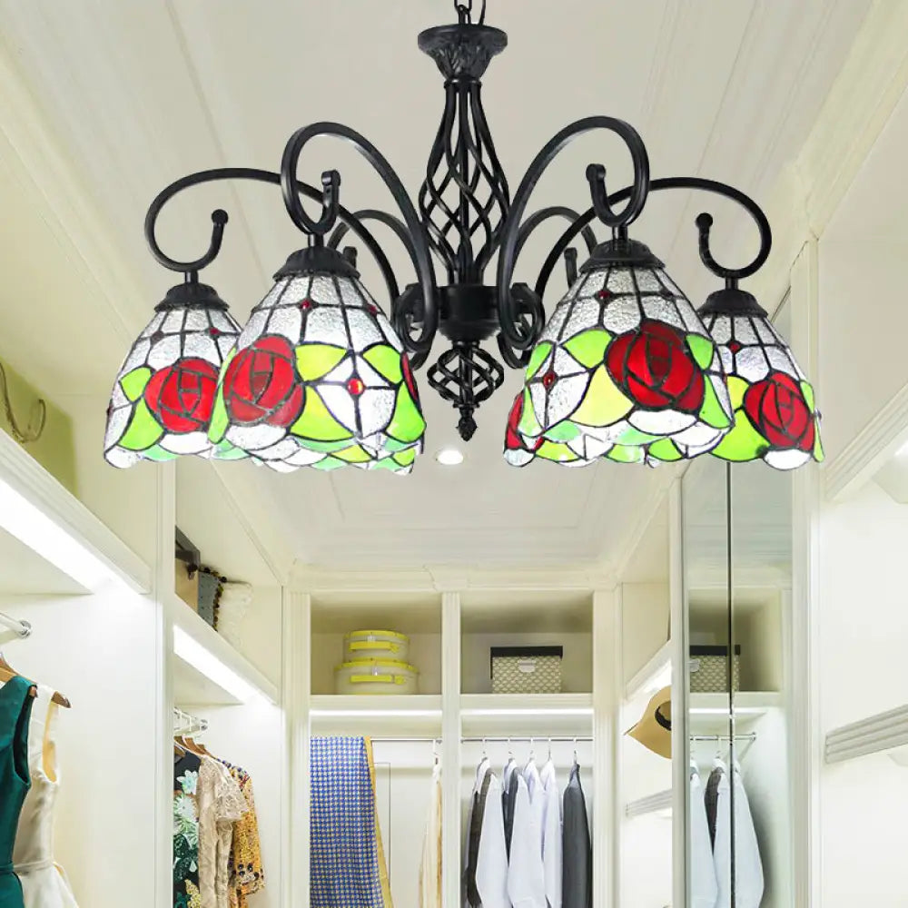 Tiffany Rose Chandelier Pendant Light - 6-Light Stained Glass Red-Indoor Lighting For Living Room