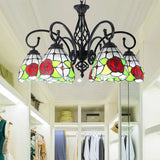 Tiffany Rose Chandelier Pendant Light - 6-Light Stained Glass Red-Indoor Lighting For Living Room