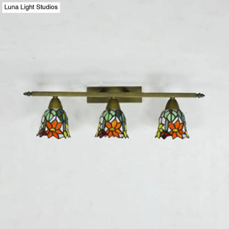 Tiffany Rustic Bell Wall Sconce Lamp: Stained Glass Bathroom Lighting With 3 Pink/Red/Orange/Purple