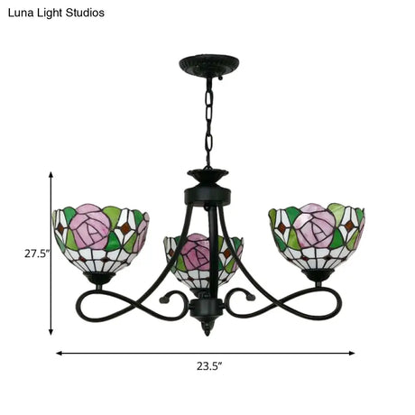 Tiffany Rustic Stained Glass Chandelier With Petal 3 Heads And Floral Pattern For Study Room