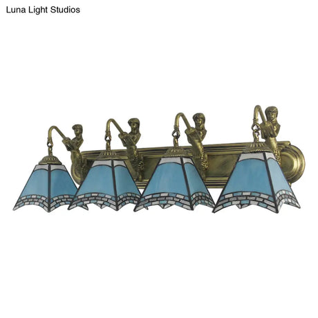 Tiffany Sconce Light Fixture - Trpezoid Wall Mount 4 Heads Dark Blue/Light Blue Glass