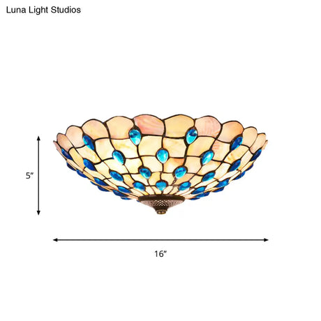 Tiffany Shell Blue Flush Ceiling Light Jeweled Bowl 3/4 Bulbs 16/21 Wide - Stylish Flushmount
