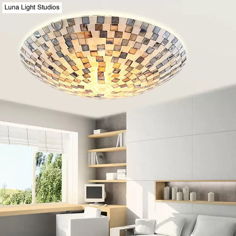 Tiffany Shell Flush Mount Ceiling Light In Beige - 2 Lights Bowl Shade 8’ H X 12’ Diameter