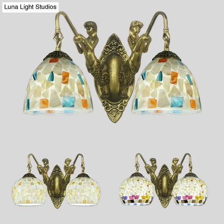 Tiffany Shell Mosaic Wall Mount Light Fixture With Mermaid Decoration - Beige/White-Yellow/Blue