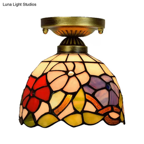 Tiffany Stained Glass Bedroom Ceiling Light: Antique Brass Semi-Flush Mount With Floral Shade