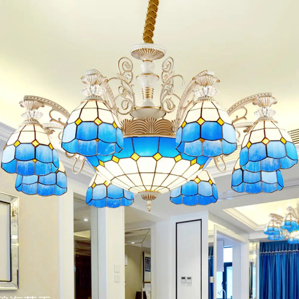 Tiffany Stained Glass Blue Chandelier Pendant Light with Grid Pattern 5/9/11 Lights 11 / Blue