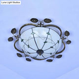 Tiffany Stained Glass Bowl Flushmount Light - 3 Bulb Ceiling Fixture With Leaf Decoration