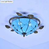 Tiffany Stained Glass Bowl Flushmount Light - 3 Bulb Ceiling Fixture With Leaf Decoration