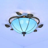 Tiffany Stained Glass Bowl Flushmount Light - 3 Bulb Ceiling Fixture With Leaf Decoration
