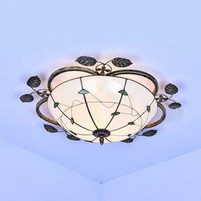 Tiffany Stained Glass Bowl Flushmount Light - 3 Bulb Ceiling Fixture With Leaf Decoration