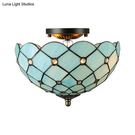 Tiffany Stained Glass Bowl-Shaped Flushmount Ceiling Light - Beige/Black 1/2 Lights
