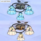 Tiffany Stained Glass Ceiling Light Fixture: Conic Shape Beige/Blue With Leaf Decoration - 3 Lights