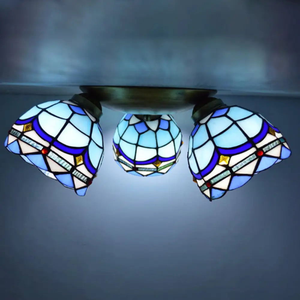 Tiffany Stained Glass Ceiling Light Fixture - Small Flush Mount For Hallway With 3 Heads Ocean Blue
